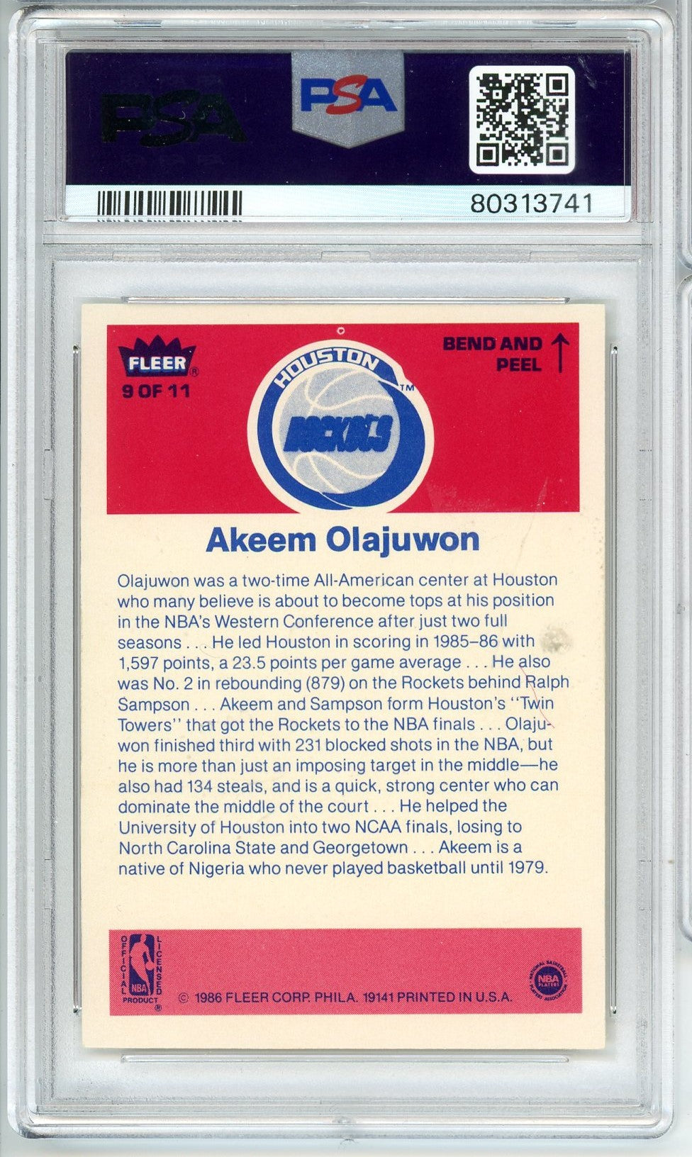 Graded 1986 Fleer Sticker Hakeem Akeem Olajuwon #9 Rookie RC Basketball Card PSA 5 Excellent