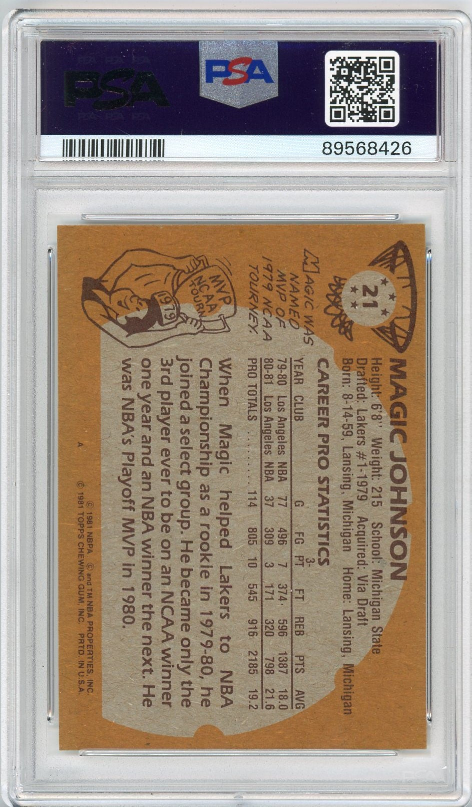 Graded 1981 Topps Magic Johnson #21 2nd Year Basketball Card PSA 7 Near Mint