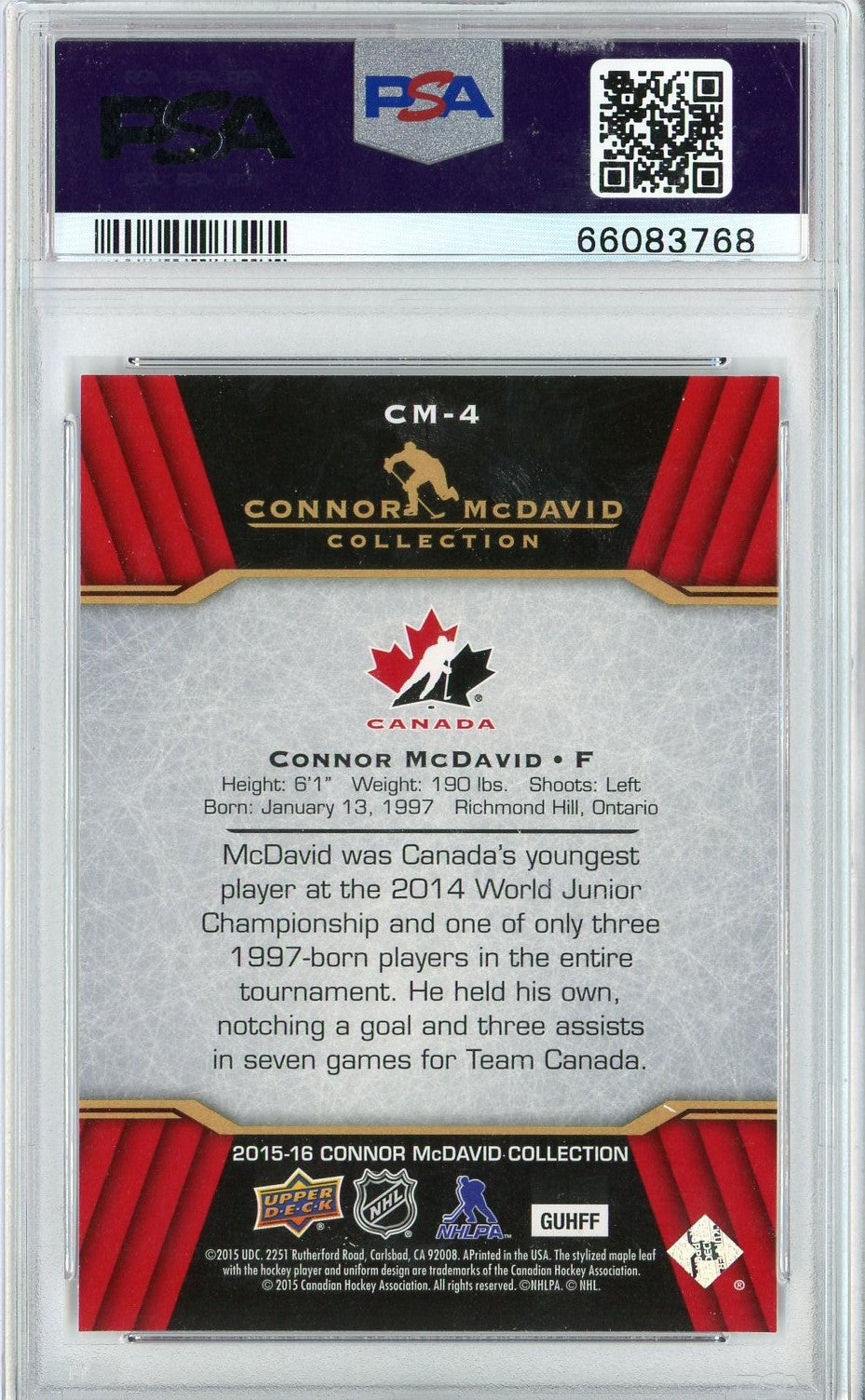 Graded 2015 Upper Deck Connor McDavid #CM-4 Connor McDavid Collection Rookie RC Hockey Card PSA 10 Gem Mint