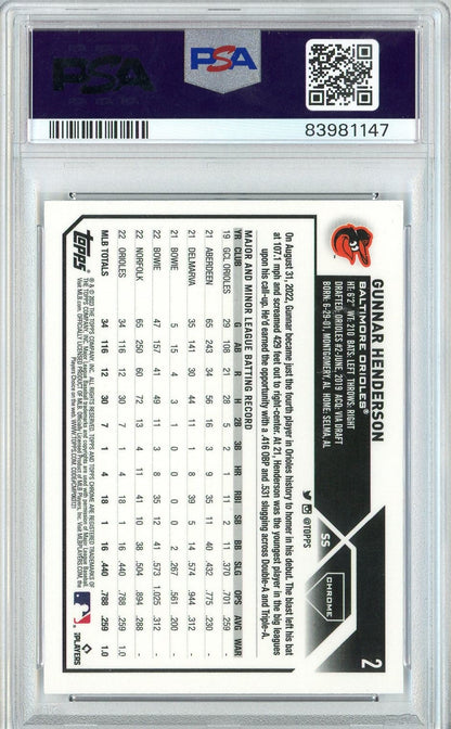 Graded 2023 Topps Chrome Gunnar Henderson #2 Rookie RC Baseball Card PSA 10 Gem Mint
