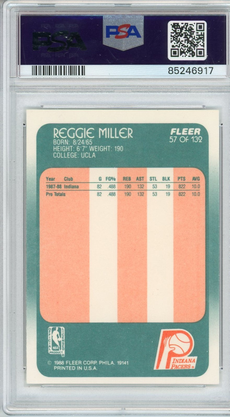 Graded 1988 Fleer Reggie Miller #57 Rookie RC Basketball Card PSA 7 Near Mint