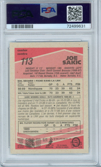 Graded 1989 O-Pee-Chee Joe Sakic #113 Rookie RC Hockey Card PSA 9 Mint