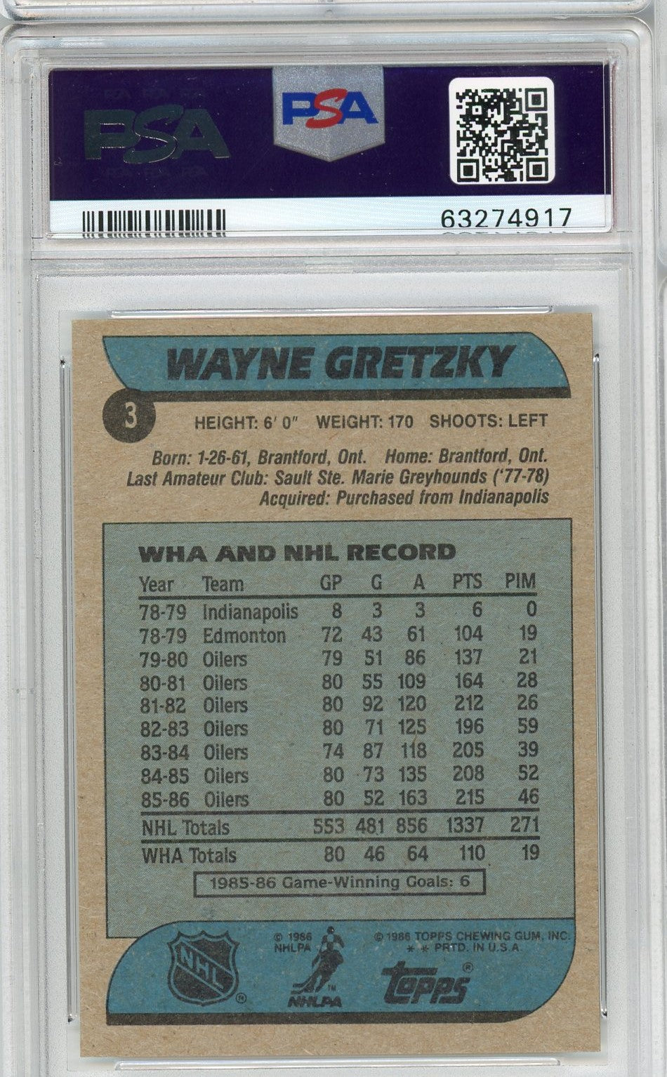 Graded 1986 Topps Wayne Gretzky #3 Hockey Card PSA 8 NM-MT