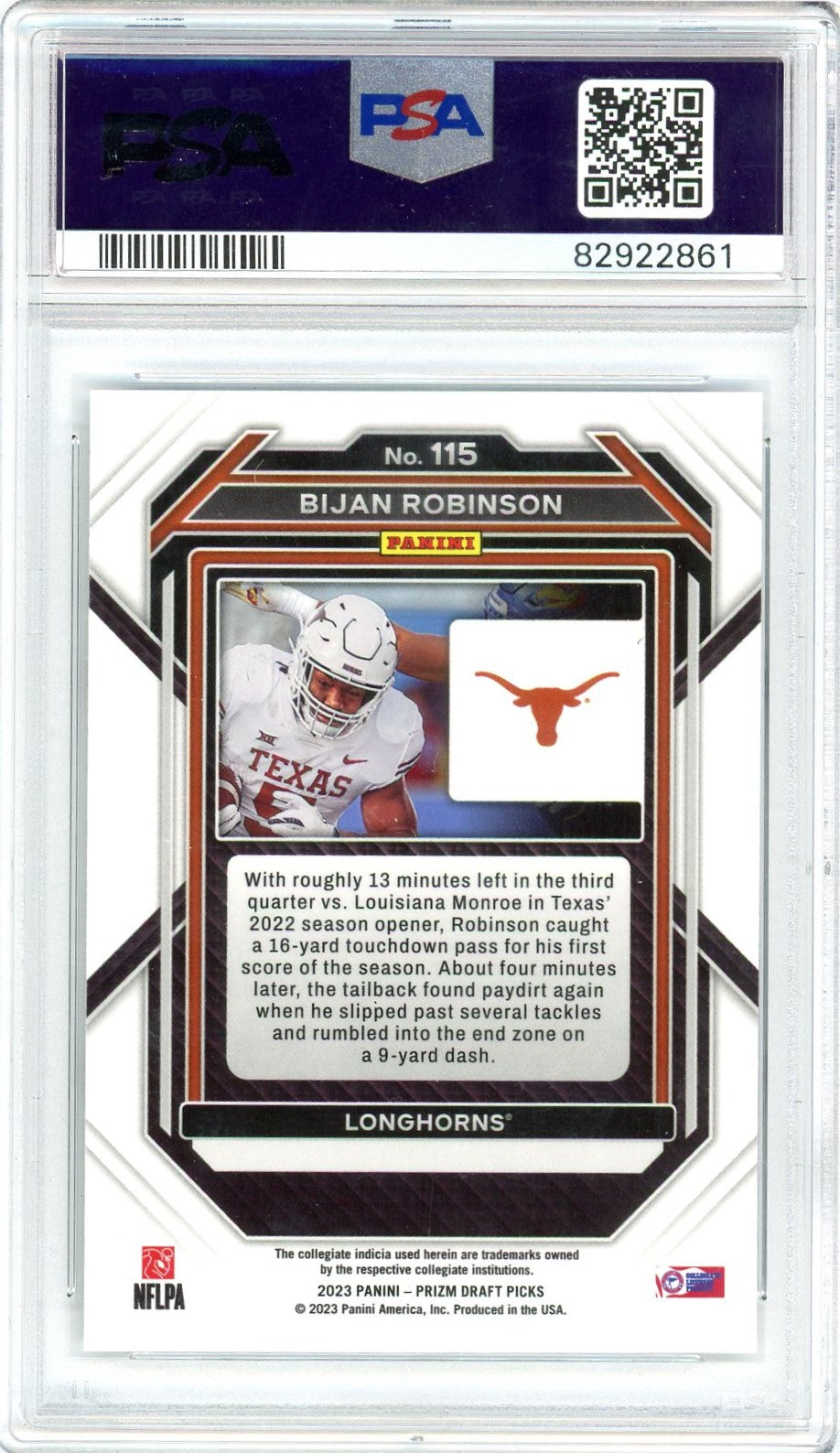 Graded 2023 Panini Prizm Draft Picks Bijan Robinson #115 Rookie RC Football Card PSA 10 Gem Mint