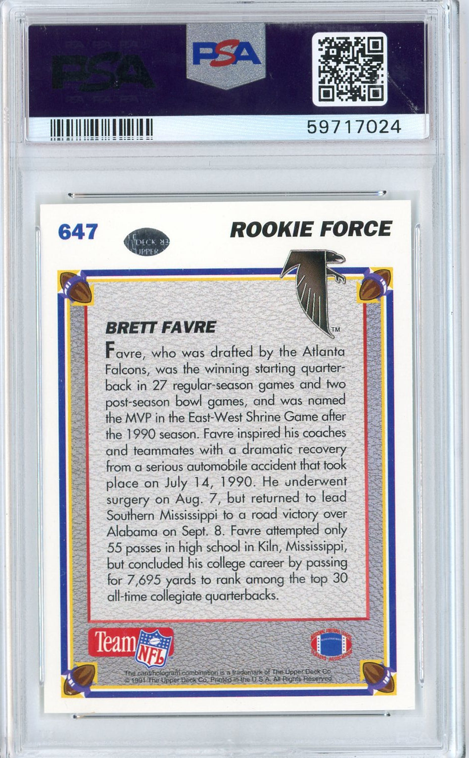 Graded 1991 Upper Deck Brett Favre #647 Rookie RC Football Card PSA 10 Gem Mint