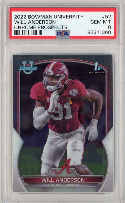 Graded 2022 Bowman University Will Anderson #52 Chrome Prospects Rookie RC Football Card PSA 10 Gem Mint