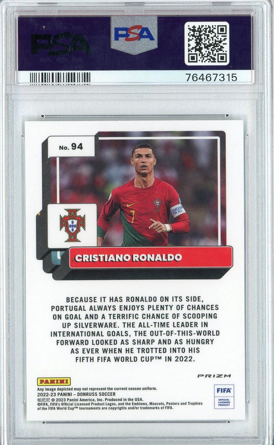 Graded 2022 Donruss FIFA Cristiano Ronaldo #94 Optic-Holo Soccer Card PSA 10 Gem Mint