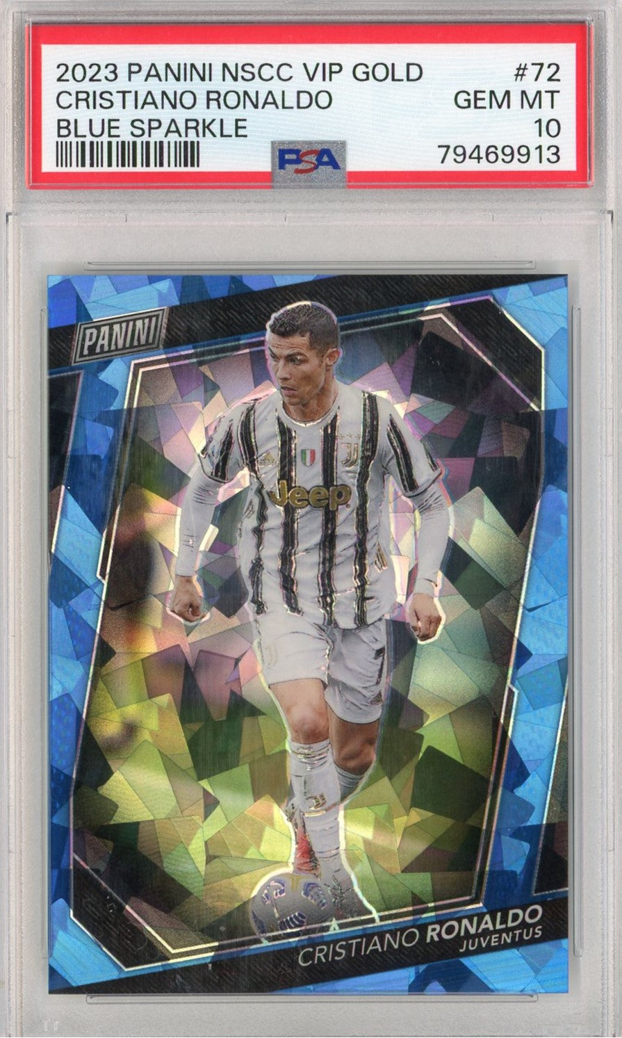 Graded 2023 Panini NSCC VIP GOLD Cristiano Ronaldo #72 Blue Sparkle Soccer Card PSA 10 Gem Mint
