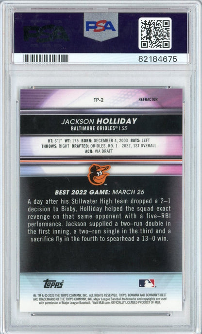Graded 2022 Topps Bowmans Best Jackson Holliday #TP2 Top Prospects-Refractor Rookie RC Baseball Card PSA 10 Gem Mint