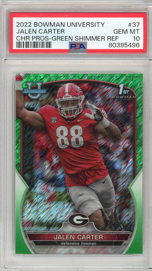 Graded 2022 Bowman University Jalen Carter #37 Chrome Green Shimmer Rookie RC Football Card PSA 10