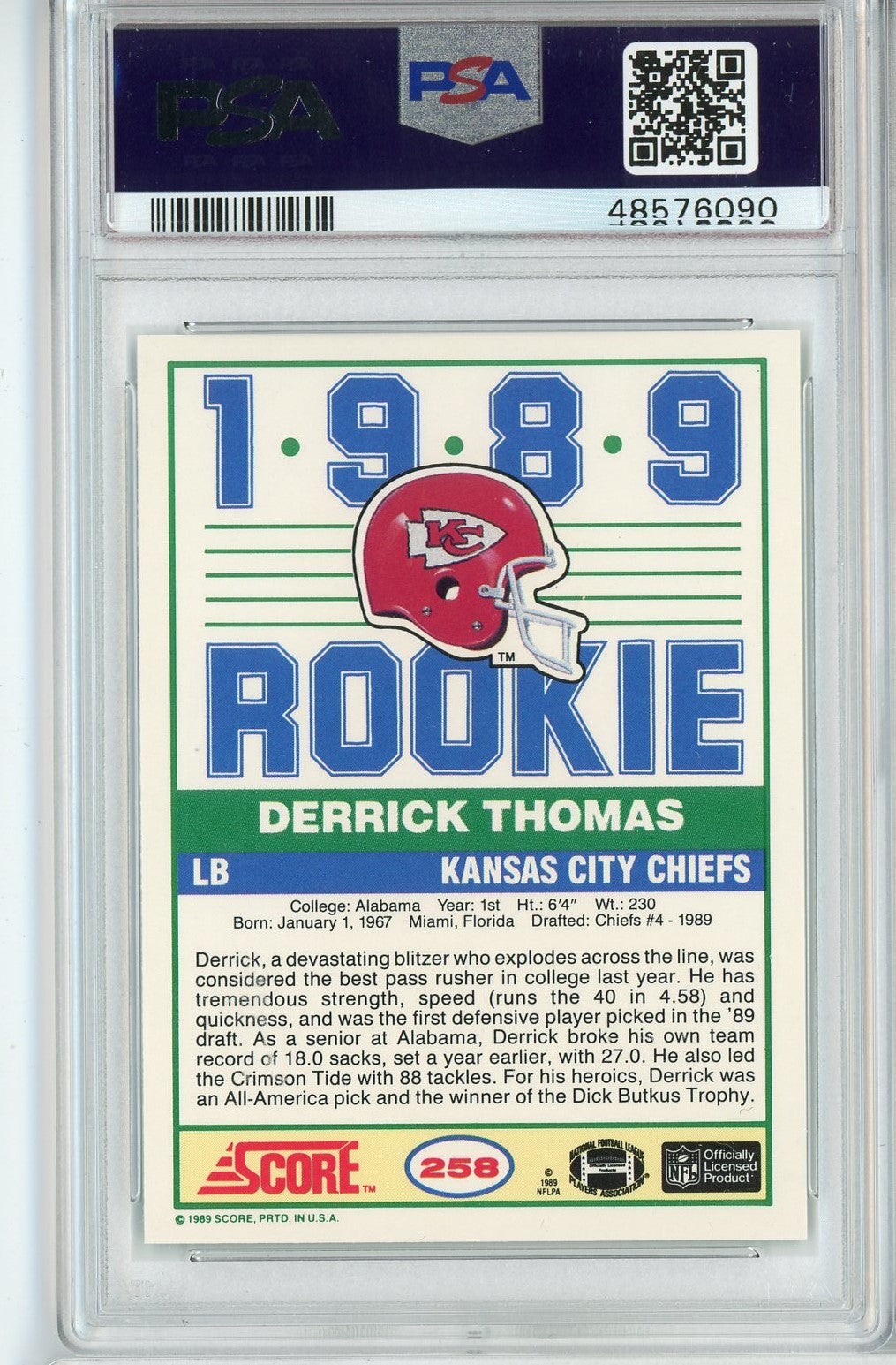 Graded 1989 Score Derrick Thomas #258 Rookie RC Football Card PSA 9 Mint