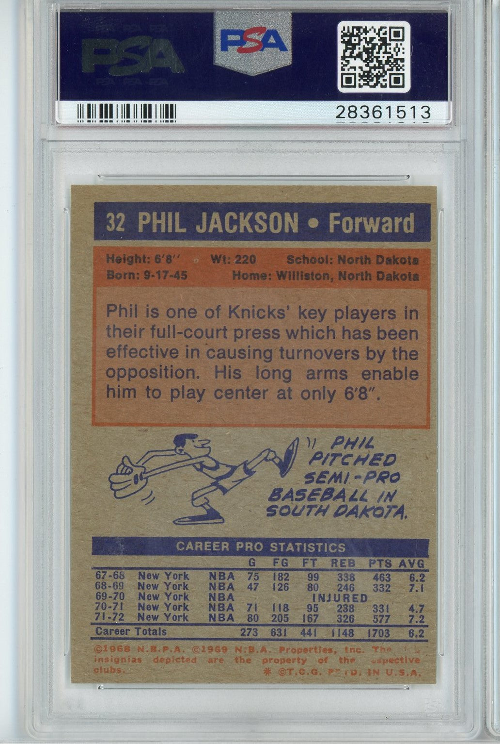 Graded 1972 Topps Phil Jackson #32 Rookie RC Basketball Card PSA 7 Near Mint