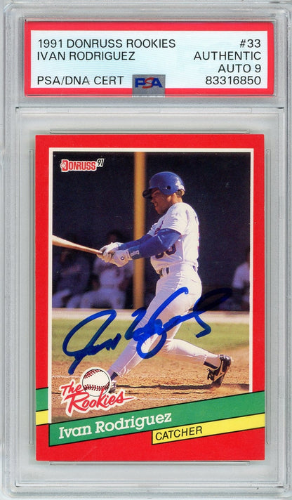 Graded 1991 Donruss Ivan Pudge Rodriguez #33 Rookie RC Baseball Card PSA 9 Auto Grade Mint