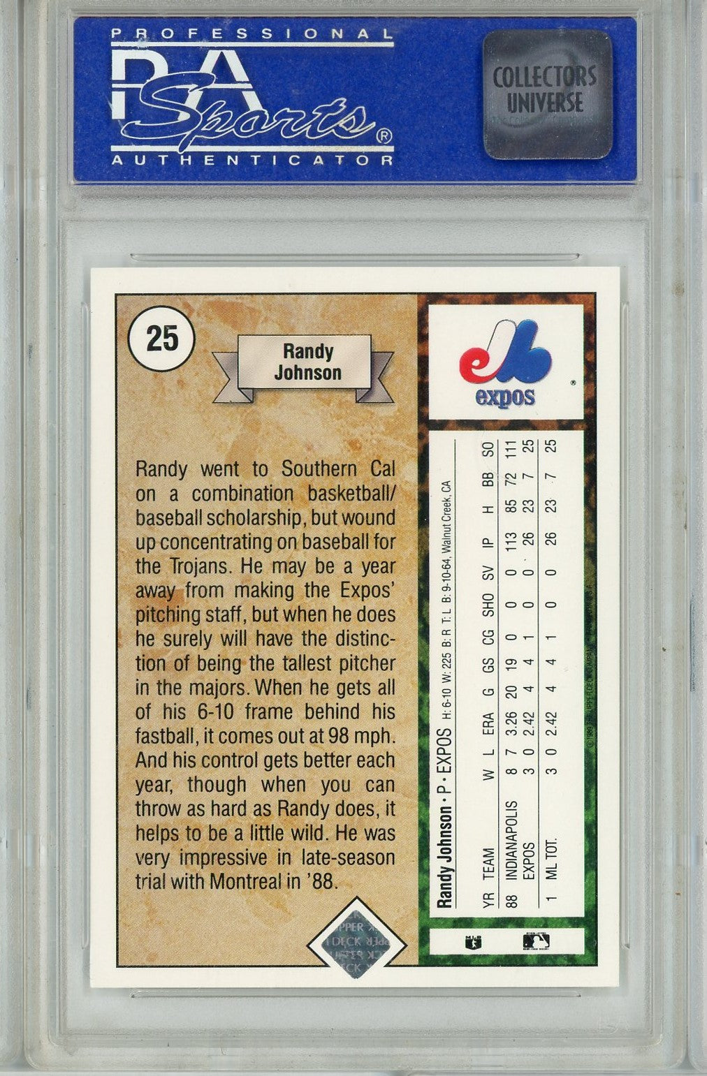 Graded 1989 Upper Deck Randy Johnson #25 Star Rookie Rookie RC Baseball Card PSA 9 Mint
