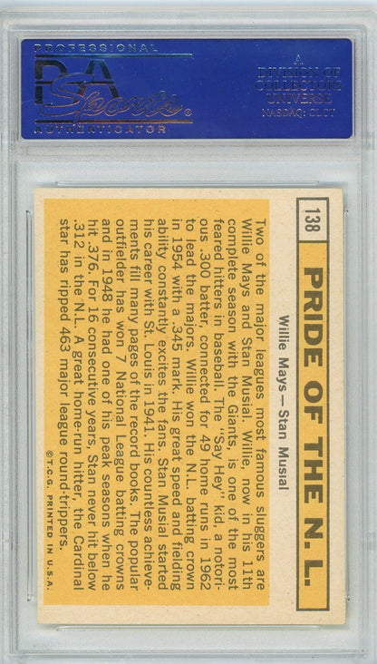 Graded 1963 Topps Pride of NL Willie Mays Stan Musial #138 Baseball Card PSA 6 EX-MT