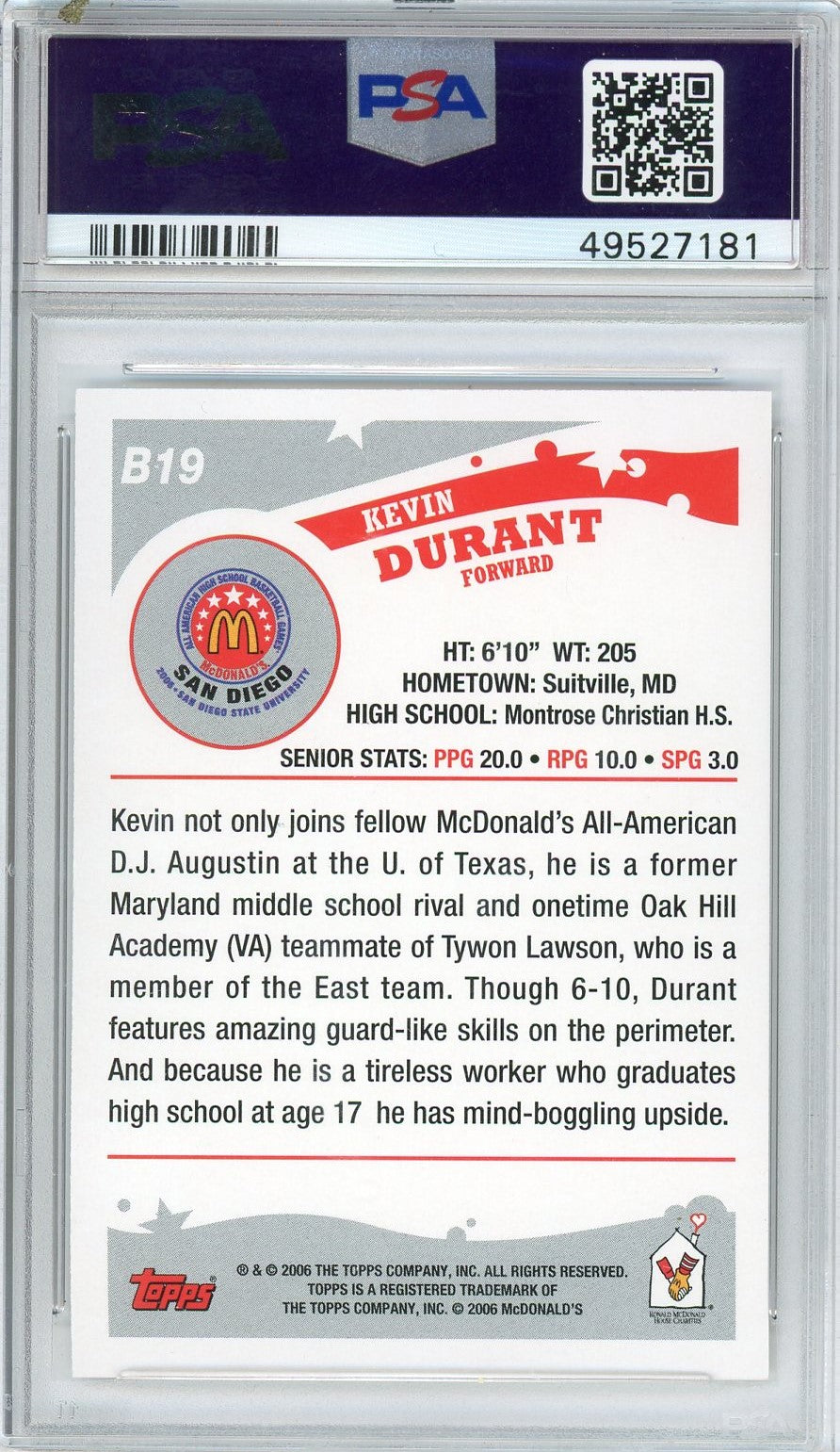 Graded 2006 Topps McDonalds Kevin Durant #B19 All American Rookie RC Basketball Card PSA 10 Gem Mint