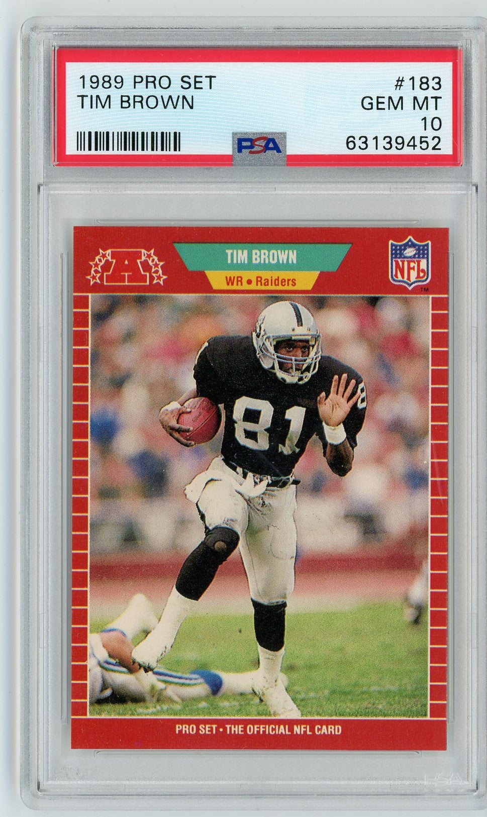 Graded 1989 Pro Set Tim Brown #183 Rookie RC Football Card PSA 10 Gem Mint