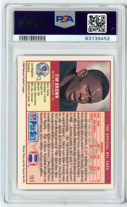 Graded 1989 Pro Set Tim Brown #183 Rookie RC Football Card PSA 10 Gem Mint
