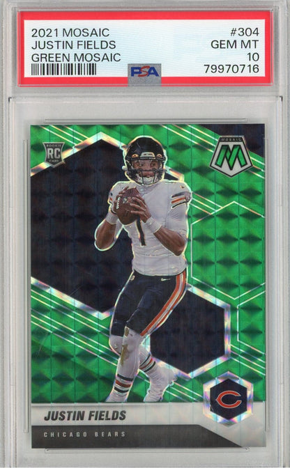 Graded 2021 Panini Mosaic Justin Fields #304 Green Mosaic Rookie RC Football Card PSA 10 Gem Mint