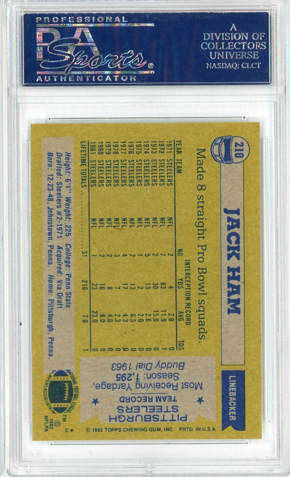 Graded 1982 Topps Jack Ham #210 Football Card PSA 9 Mint