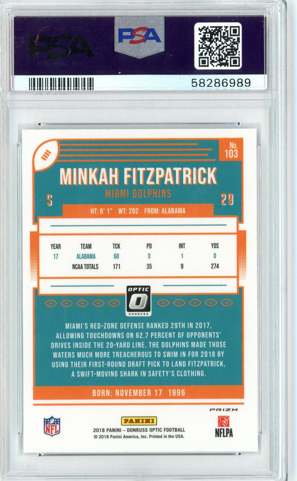 Graded 2018 Panini Donruss Optic Minkah Fitzpatrick #103 Holo Rookie RC Football Card PSA 10 Gem Mint