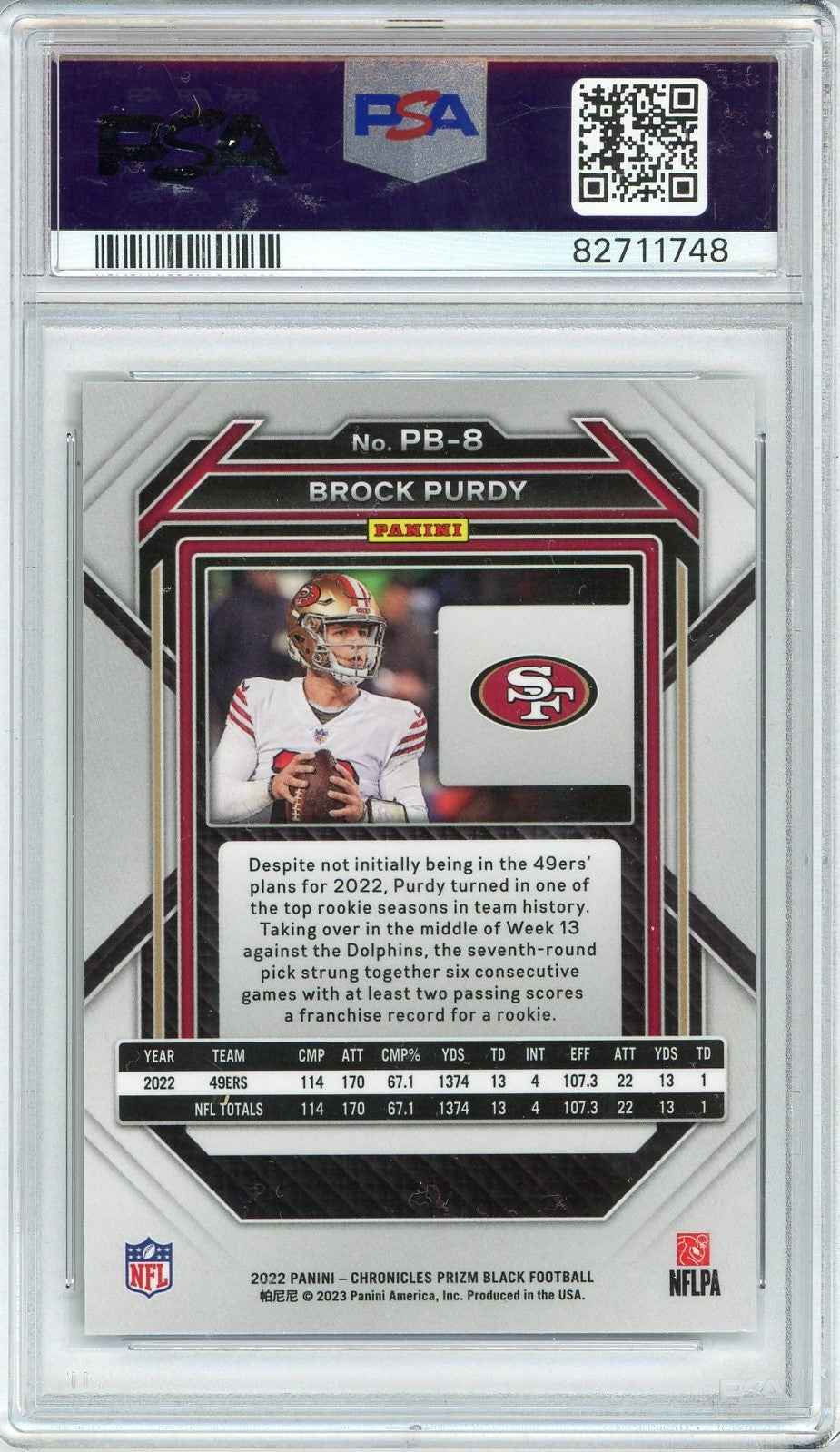 Graded 2022 Panini Chronicles Brock Purdy #PB8 Prizm Black Rookie RC Football Card PSA 10 Gem Mint