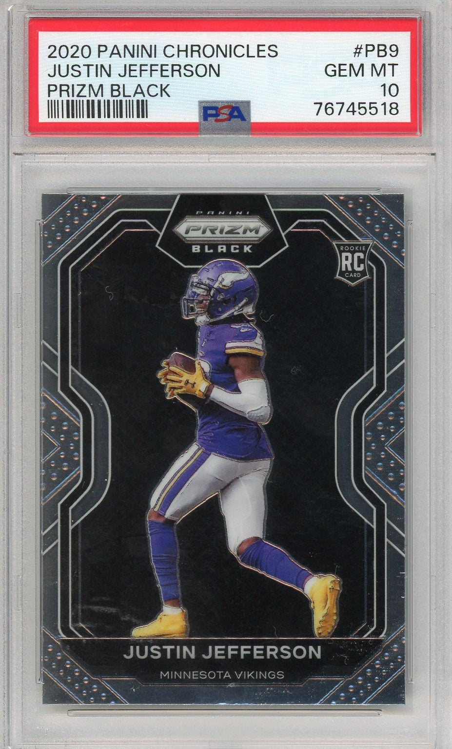 Graded 2020 Panini Chronicles Justin Jefferson #PB9 Prizm Black Rookie RC Football Card PSA 10 Gem Mint