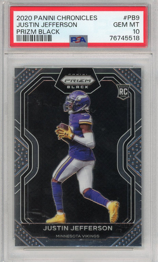 Graded 2020 Panini Chronicles Justin Jefferson #PB9 Prizm Black Rookie RC Football Card PSA 10 Gem Mint