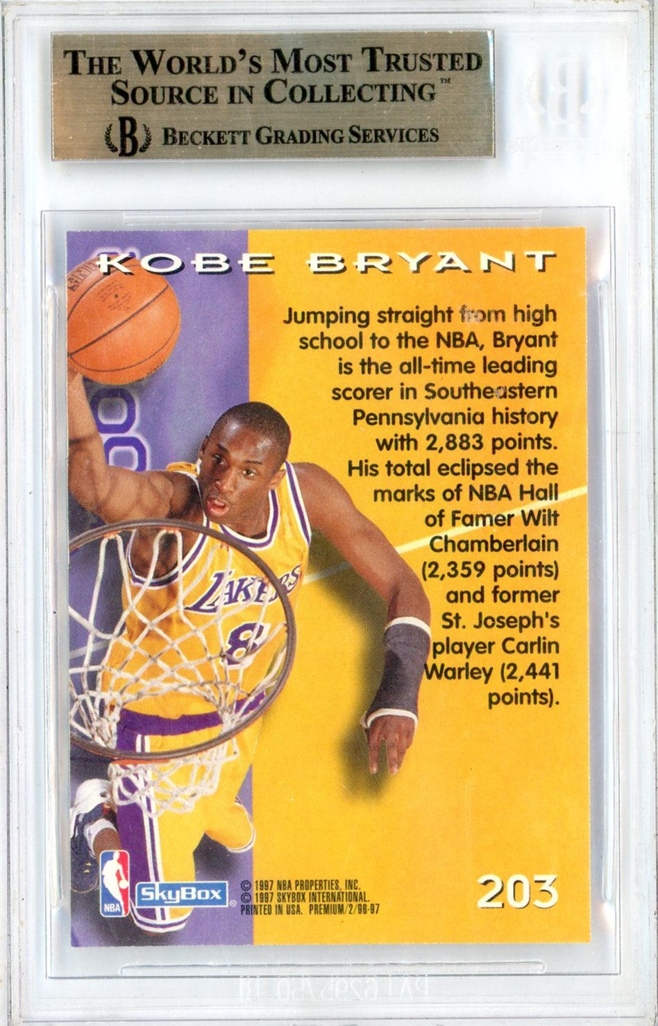 Graded 1996 Skybox Premium Kobe Bryant #203 Rookie RC Basketball Card BGS 9.5 Gem Mint