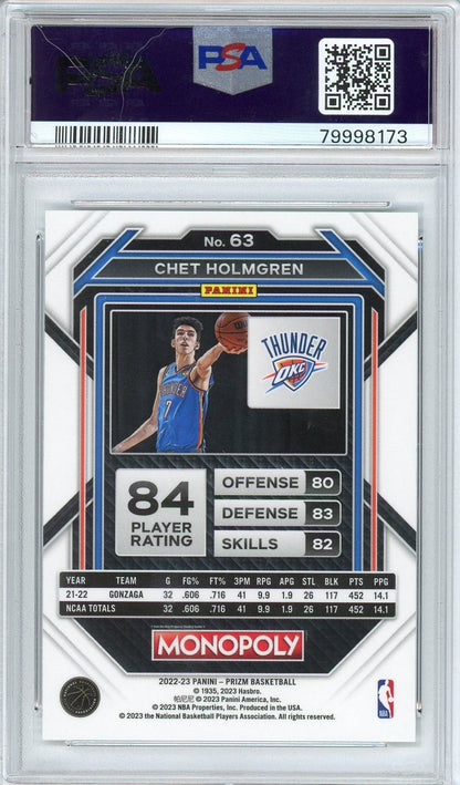 Graded 2022 Panini Prizm Monopoly Chet Holmgren #63 Rookie RC Basketball Card PSA 10 Gem Mint