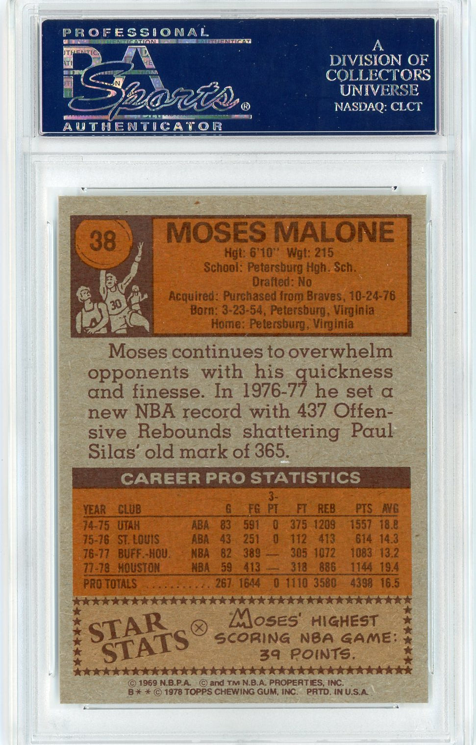 Graded 1978 Topps Moses Malone #38 Basketball Card PSA 9 Mint