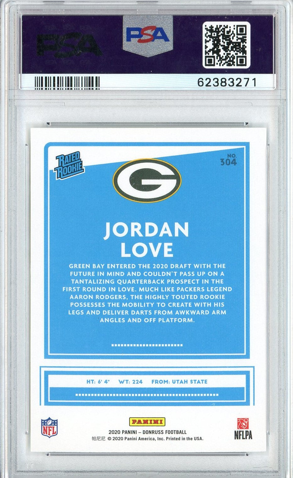 Graded 2020 Panini Donruss Jordan Love #304 Canvas Rookie RC Football Card PSA 10 Gem Mint
