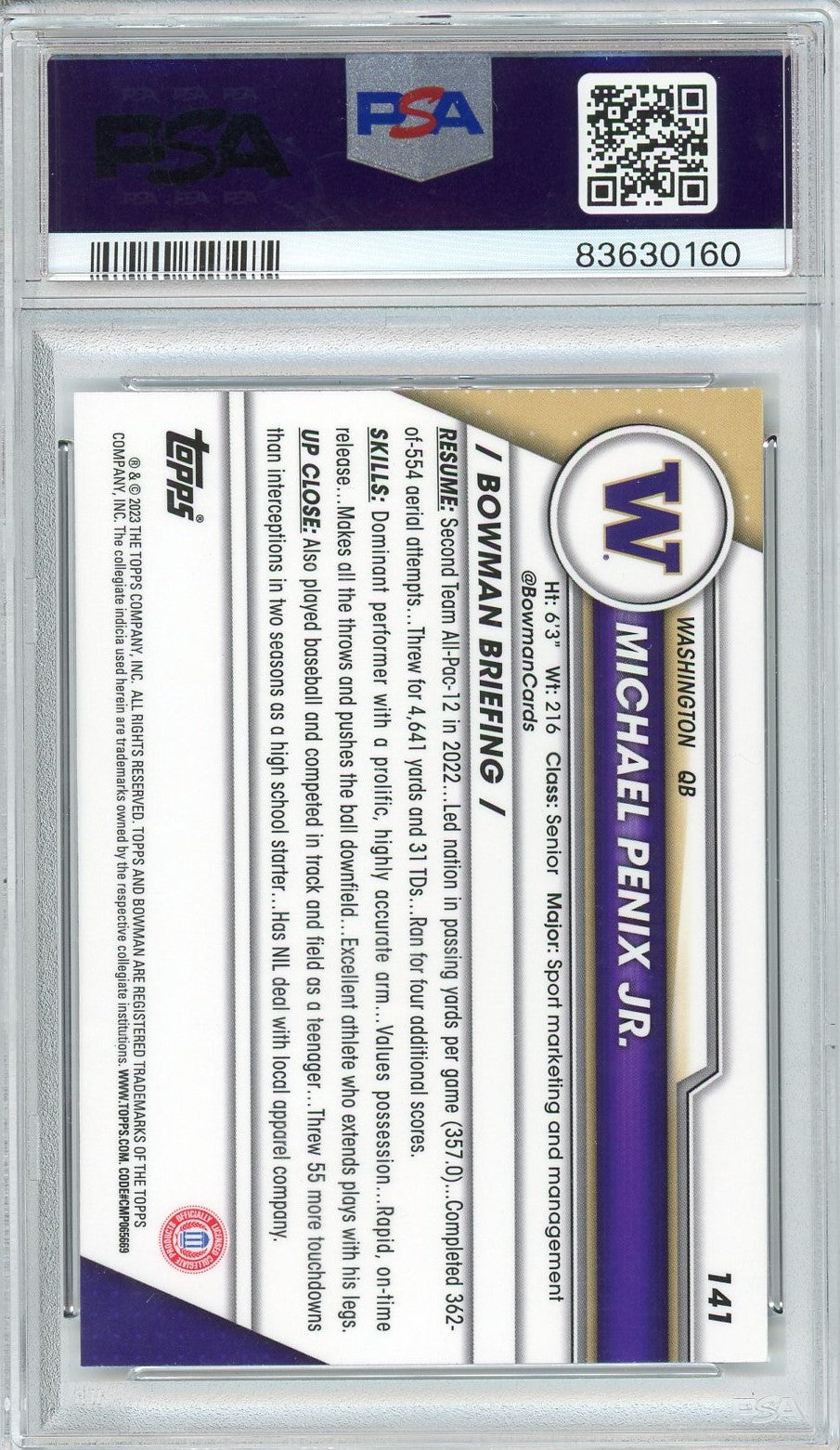 Graded 2023 Bowman U Chrome Michael Penix Jr. #141 Rookie RC Football Card PSA 10 Gem Mint