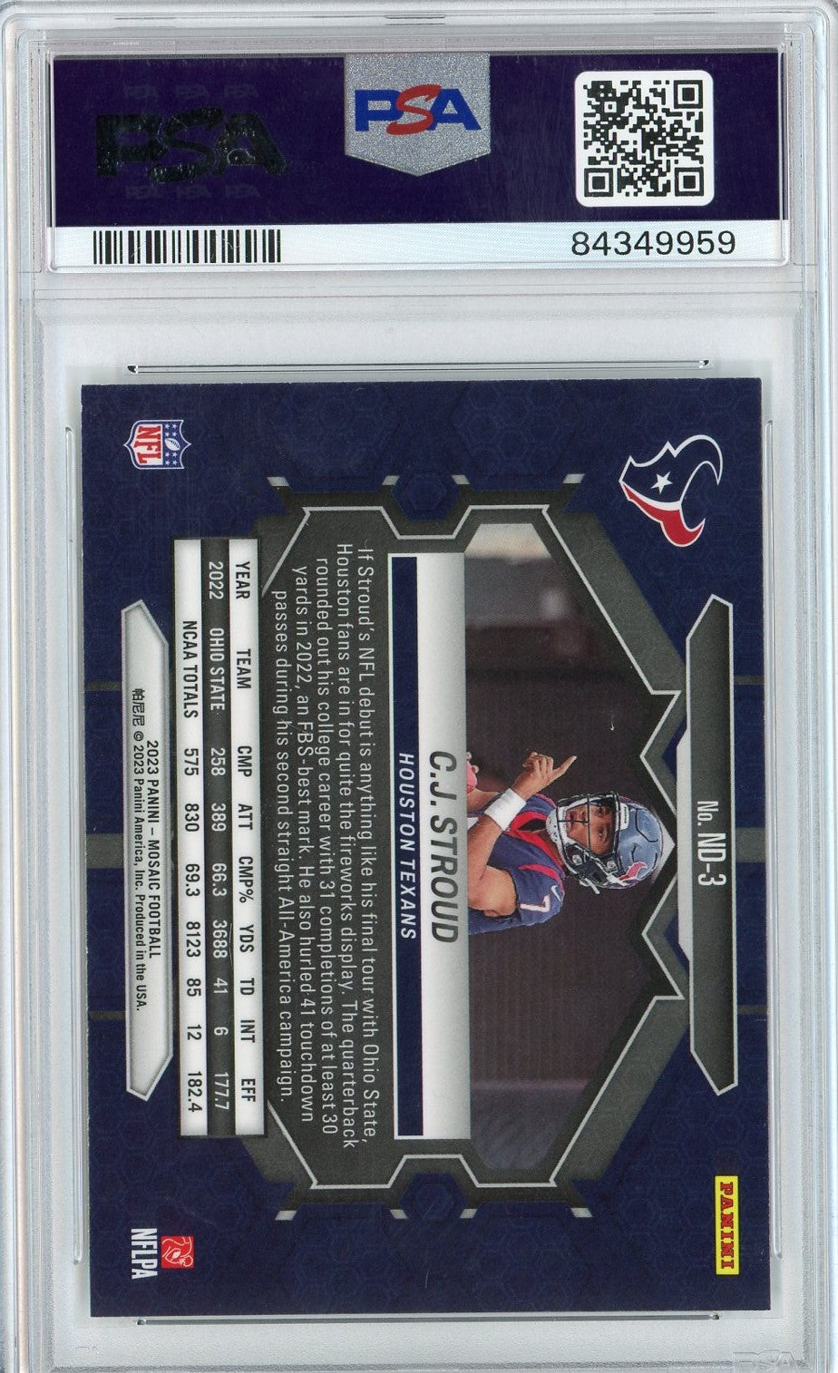 Graded 2023 Panini Mosaic CJ Stroud #ND3 NFL Debut Rookie RC Football Card PSA 10 Gem Mint