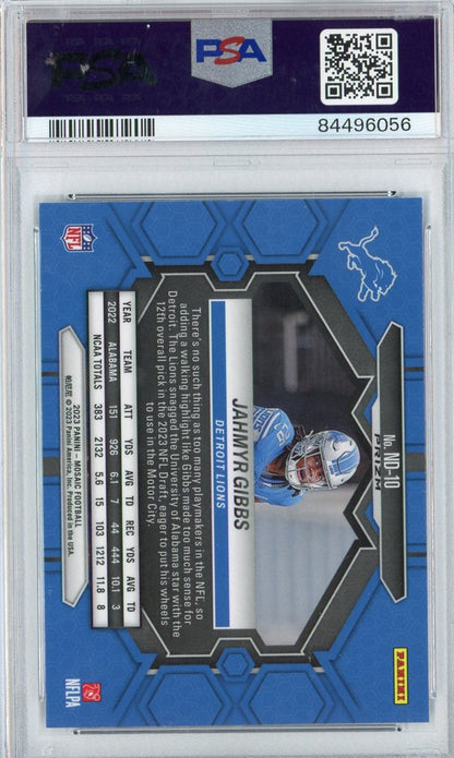 Graded 2023 Mosaic Jahmyr Gibbs #ND10 NFL Debut Reactive Blue Rookie RC Football Card PSA 10 Gem Mint