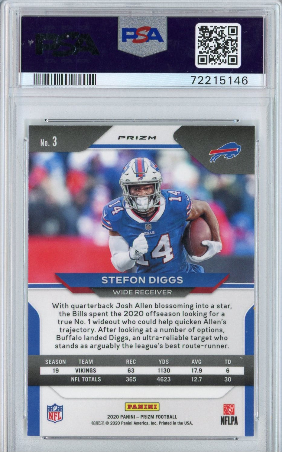 Graded 2020 Panini Prizm Stefon Diggs #3 White Sparkle Football Card PSA 10 Gem Mint