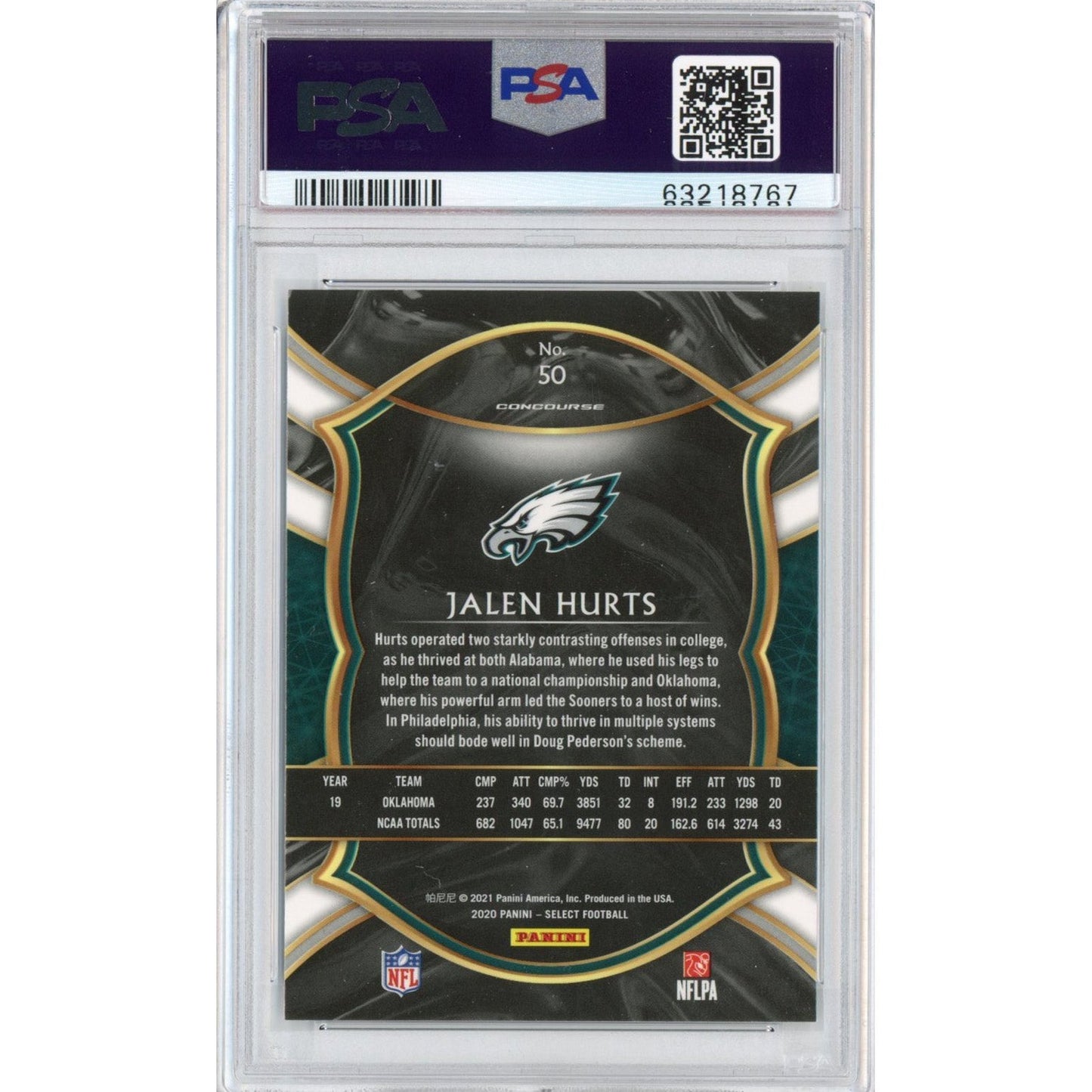 Graded 2020 Panini Select Jalen Hurts #50 Rookie RC Football Card PSA 10 Gem Mint