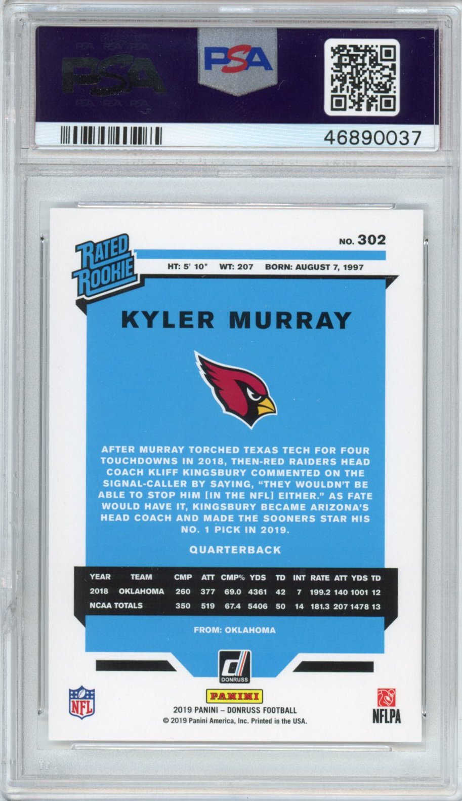 Graded 2019 Panini Donruss Kyler Murray #302 Rookie RC Football Card PSA 10 Gem Mint