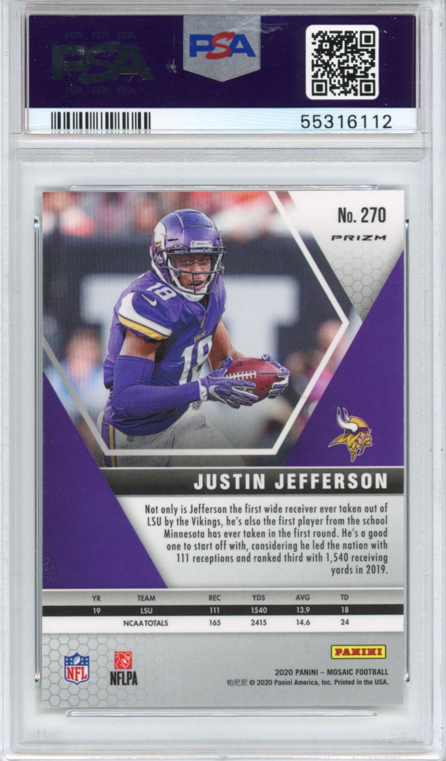 Graded 2020 Panini Mosaic Justin Jefferson #270 Green Mosaic Rookie RC Football Card PSA 10 Gem Mint