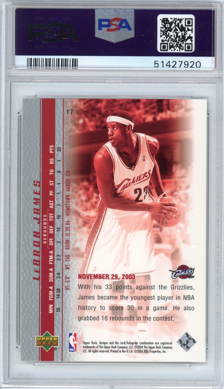 Graded 2003-04 Upper Deck UD LeBron James #17 Phenomenal Beginning Rookie RC Basketball Card PSA 10 Gem Mint