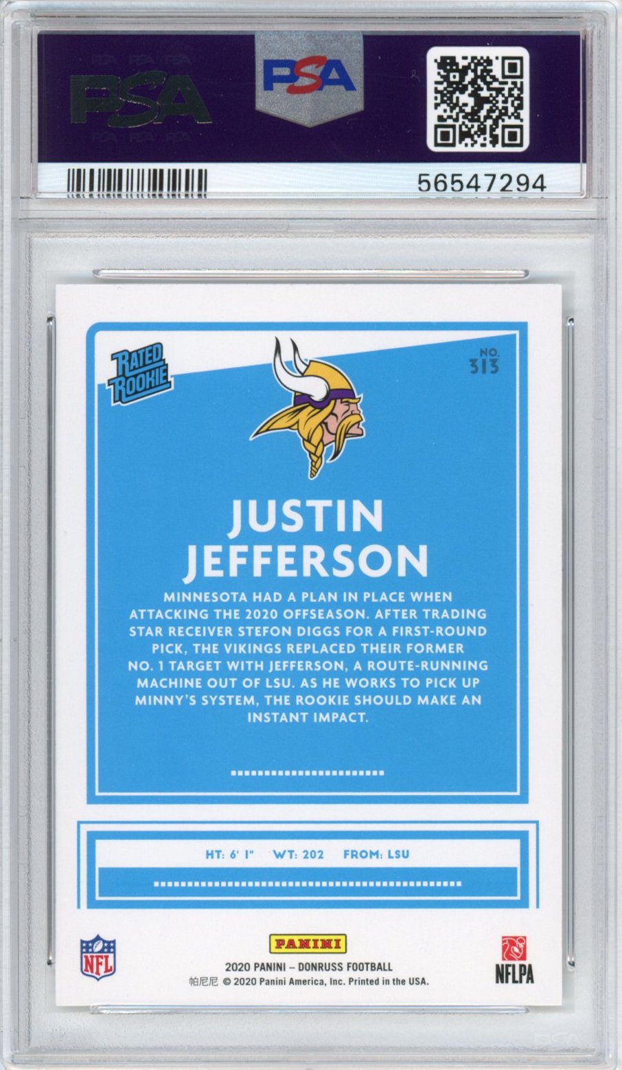 Graded 2020 Panini Donruss Justin Jefferson #313 Rookie RC Football Card PSA 10 Gem Mint
