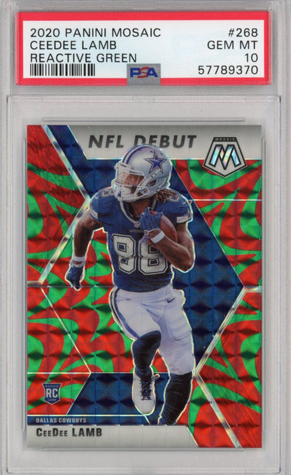 Graded 2020 Panini Mosaic CeeDee Lamb #268 Reactive Green Rookie RC Football Card PSA 10 Gem Mint