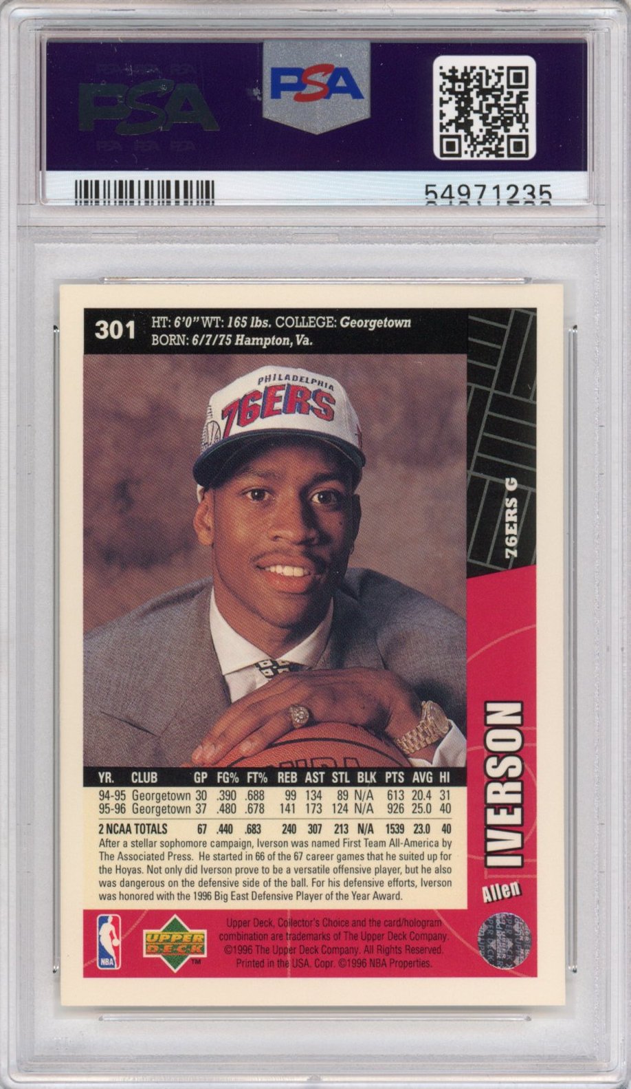 Graded 1996 Upper Deck Collector's Choice Allen Iverson #301 Rookie RC Basketball Card PSA 10 Gem Mint