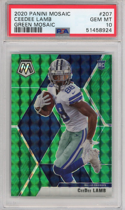 Graded 2020 Panini Mosaic CeeDee Lamb #207 Green Rookie RC Football Card PSA 10 Gem Mint