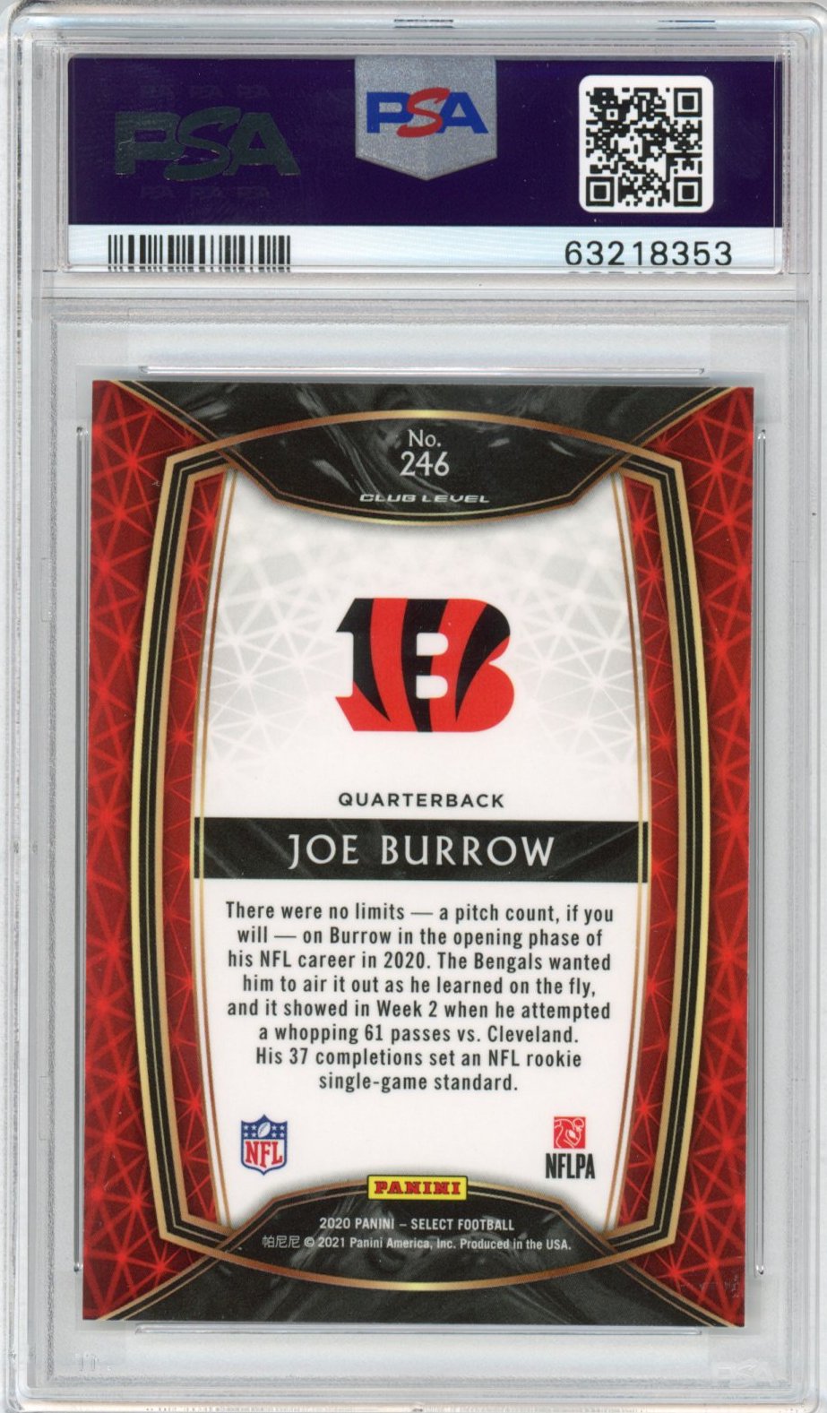 Graded 2020 Panini Select Joe Burrow #246 Rookie RC Football Card PSA 10 Gem Mint