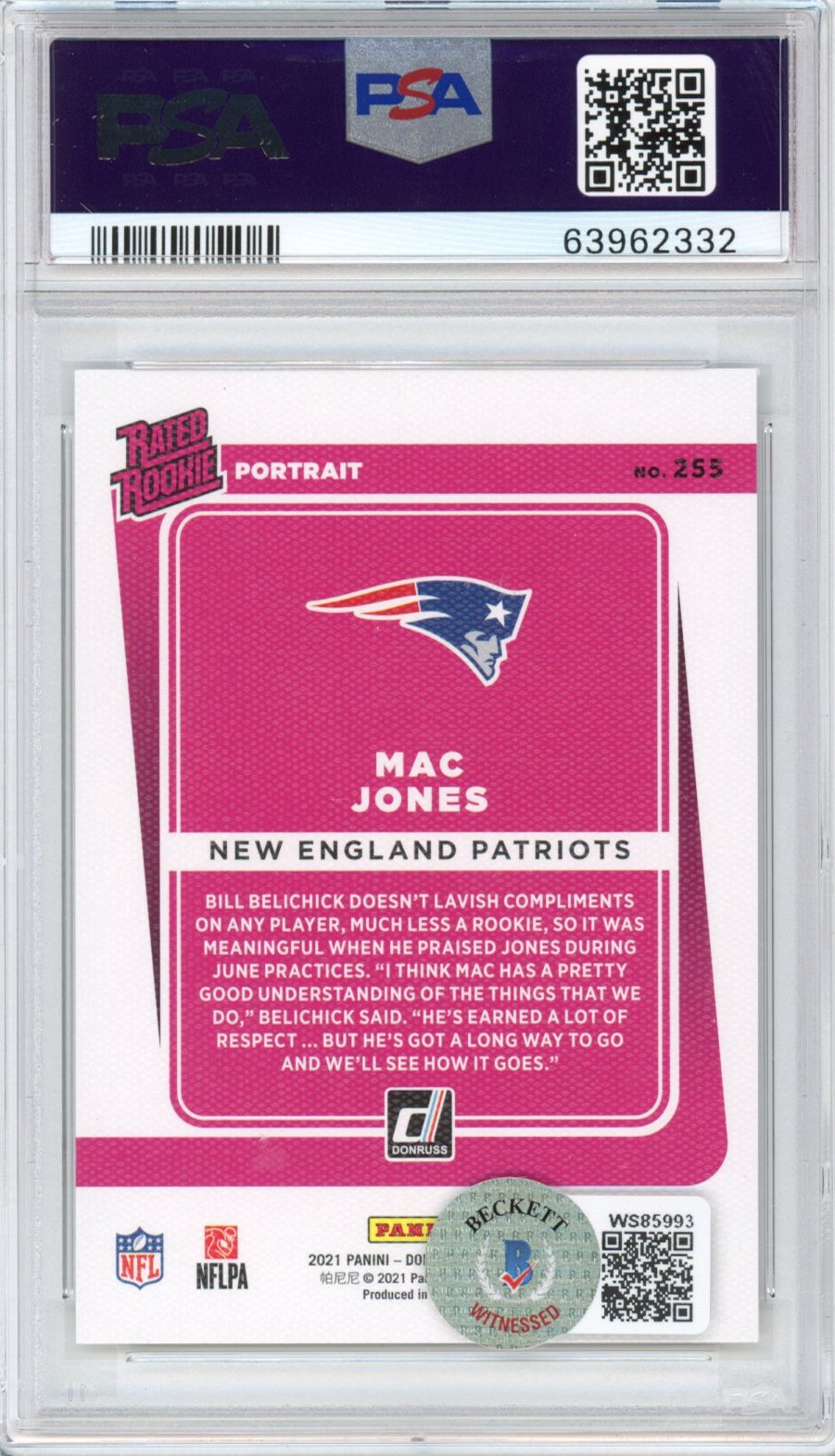 Graded 2021 Panini Donruss Mac Jones #255 AUTO Portrait Rookie RC Football Card PSA 10 Gem Mint Beckett BAS COA