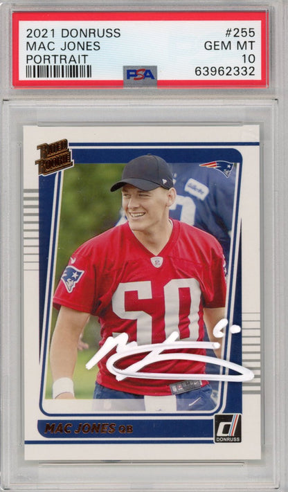 Graded 2021 Panini Donruss Mac Jones #255 AUTO Portrait Rookie RC Football Card PSA 10 Gem Mint Beckett BAS COA