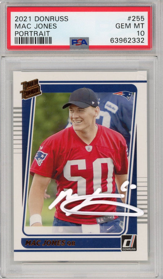 Graded 2021 Panini Donruss Mac Jones #255 AUTO Portrait Rookie RC Football Card PSA 10 Gem Mint Beckett BAS COA