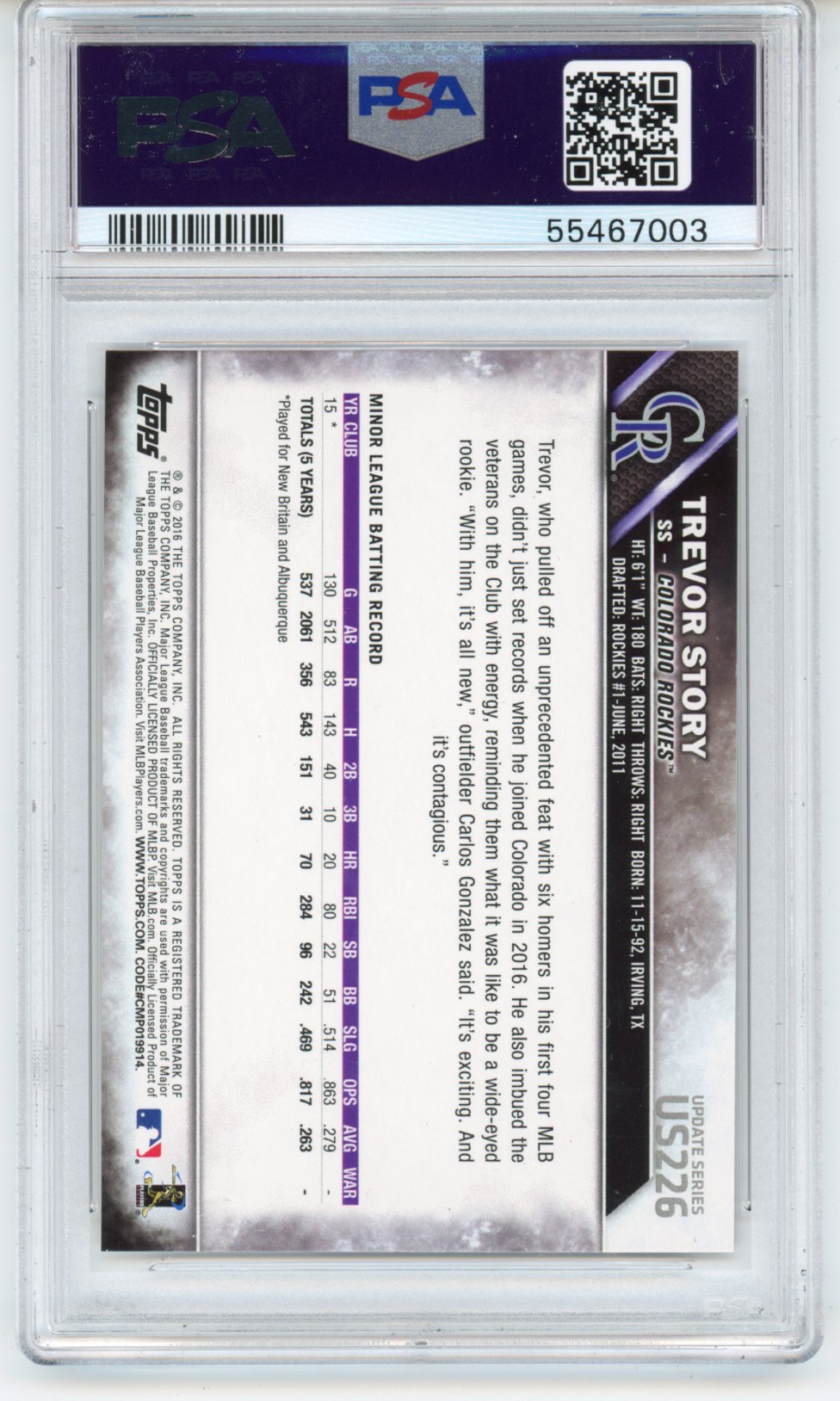 Graded 2016 Topps Update Trevor Story #US226 Running Rookie RC Baseball Card PSA 10 Gem Mint