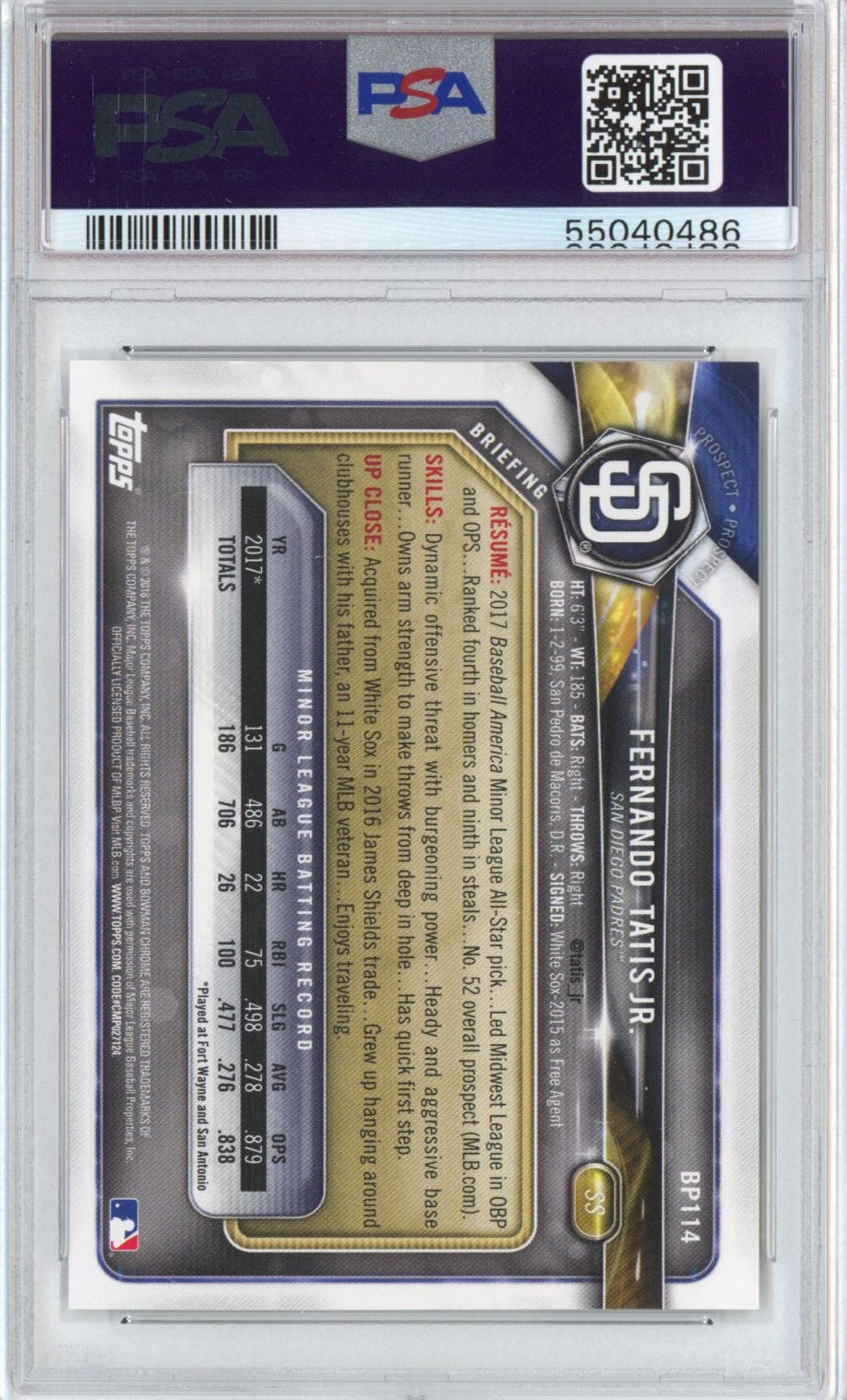 Graded 2018 Topps Bowman Fernando Tatis Jr. #BP114 Paper Prospects Rookie RC Baseball Card PSA 10 Gem Mint